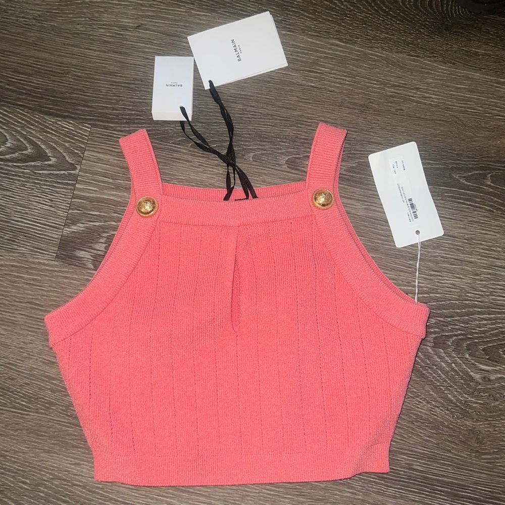 Brand new never worn Balmain NWT peach cropped 2 button neckline top. Size 36 EU